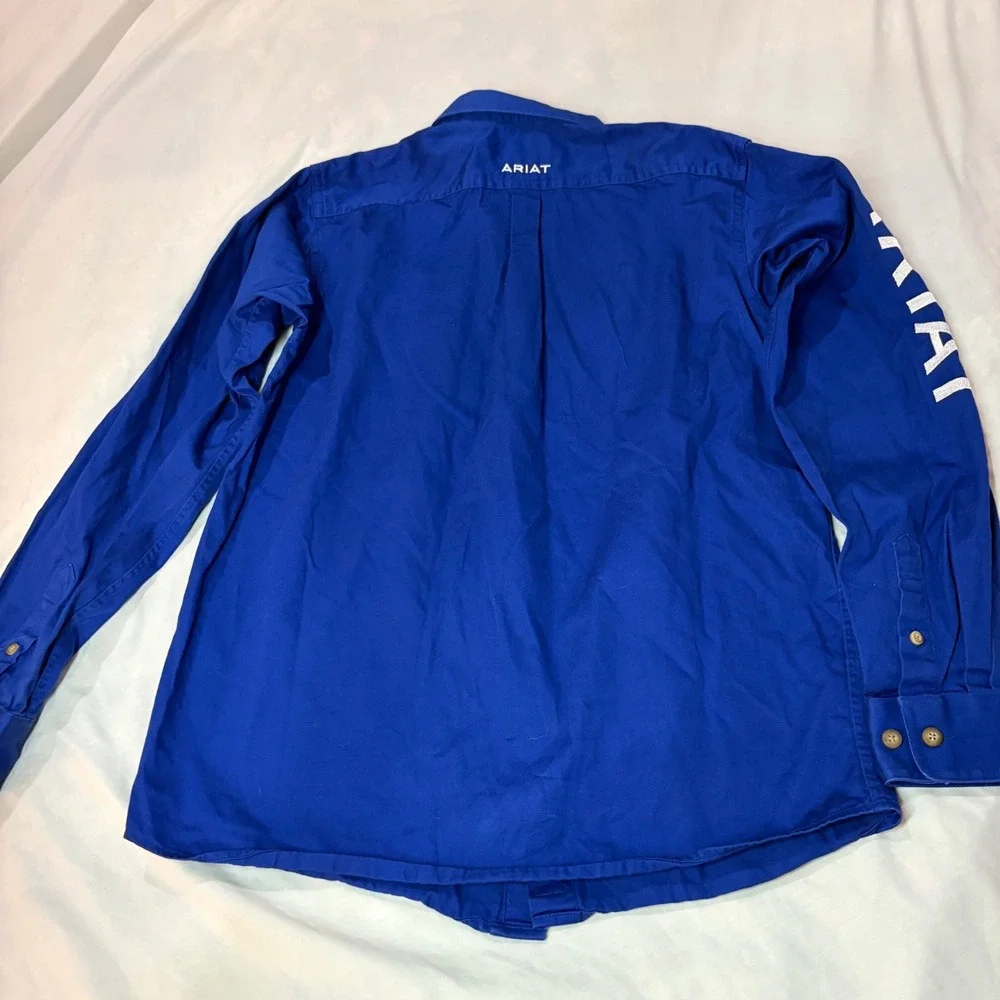 Ariat Boys Royal Blue Long Sleeve Western Logo Button Down Shirt Size L 14-16